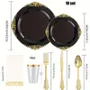 Disposable Dinnerware 70 Pcs Black And Gold Tableware Set Suitable For 10 Guests Embossed Edges Parties Family Gatherings Weddings