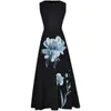 Casual Dresses Runway Fashion High Quality Summer Women's Party Flower Print Vintage Elegant Vest Slim Black Chic Unique Midi Dress