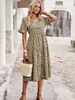 Summer Women V Neck Elegant Printed Short Sleeve High midja A Line Floral Holiday Dress 240412