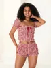 여자 트랙 슈트 여성 여름 캐주얼 패션 의상 짧은 슬리브 레이스 트림 타이업자 격자 무늬 반바지 2 조각 의류 세트 y2k