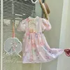 Mädchenkleider 2024 Sommermädchen Kleid Retro chinesische Blumenbaby Kleidung