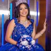 Blauwe glanzende quinceanera -jurken Baljurk 3Dfloral Appliques Lace Mouwloze off -schouder Handgemaakte bloemen Zoet 15 Vestidos de XV Anos 0509