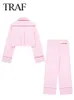 TRAF Spring Womans Fashion Pink Pants Set Long Sleeves Casual Loose Shirts Cropped TopsElastic Waist LaceUp Wide Leg 240410