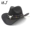 Women Men Wool Hollow Western Cowboy Hat Rollup szerokie kowarnia Jazz Jazz Sombrero Cap z Tassel Tauren Ribbon1344784