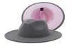 Unisex Outer Gray Inner Pink Patchwork Wool Filt Jazz Fedora hoeden met dunne riem gesp. Women Wide Brim Panama Trilby Cap229092683897