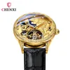 Muñecos de pulsera Chenxi 6029H Cuero negro Mecánico esqueleto automático reloj moda para hombres relojes montre homme reloj tigre dorado para hombre