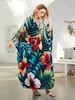 Basic lässige Kleider Retro Blumen drucken Kaftan Langes Kleid für Frauen 2024 Sommer Batwing Slve House Robe Kausale lose Maxikleider Q1636 T240412