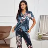 Pijama de roupas de sono feminina para mulheres cetim de seda cetim de manga longa com calça de calça de calça caseira de pajama impressão de flores de pajama conjuntos de lounge