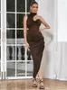 Casual Dresses Sexy One Shoulder Mesh Hollow Out Slim Dress Women Brown Sleeveless Side Split Irregular Long Party Evening Club