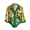 Blouses feminina Seasixiang Designer de verão Impressão de flor Flor Camisa de seda virada para baixo colarinho solto de férias de praia curta