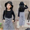 Clothing Sets Girl Clothes Set Children Flared Long Sleeve Solid Black T-Shirt Plaid Wide Leg Pants Suits 2Pcs Outfits Kids Drop Deliv Otnp3