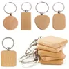 Blank Natural Wood Pendant Keychain For Men Women Engraving Geometric Round Rectangle Heart Wooden Car Key Ring DIY Accessories