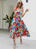 Basic Casual Dresses Beach Holiday Floral Print Midi Dress Women Casual V-neck Slveless Dresses For Women Summer High Waist Lace Up Party Vestidos T240412