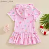 One-Pieces 1-8T Toddler Pink Beach Skirt Short Sleeved Hooded Zipper Closure Ice Print Summer Swimsuit Y240412