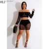 Basic Casual Dresses HLJ Fashion Knitting Hollow Out Bandage Skirts Two Piece Sets Women Off Shoulder Long Slve Crop Top + Mini Skirt Beach Outfits 1 T240415