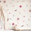 Creative Pink Flowers Boho Feather Wall Stickers Floral Green Leaf Plants Wall Art Decor for Girls Women Bedroom Living Rooms