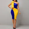 Lässige Kleider Misjoy sexy eine Schulter Fliege Navy gelbe Patchwork Split Kleid Frauen Afrikanische Abendessen Feiern Sie Event Nacht Vestidos