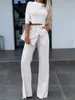 Two Piece Set Women Outfit Summer Fashion Plain Mock Neck Half Sleeve Crop Top Elegant Pocket Design Buttoned Work Pants 240412