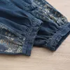 Kvinnor Jeans Two Piece Set Spring Autumn Female Vintage Buckle Printed Denim Suit Large Size Pants 2 240412