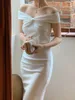2023 French Elegant Women Wedding Party Dress Fashion Vintage Slash Neck Sheath Robe Female Sundress Retro Evening Vestido 240401