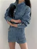 Arbetsklänningar främmande kitty chic kvinnor vintage set ol löst full ärm denim rockar vår 2024 smal hög midja bodycon mini kjolar