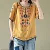 Bomullslinne t skjortor kvinnor etnisk stil broderi tshirt casual vintage oneck kort ärm toppar sommaren trend tunn 240412