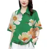 Kvinnors blusar Kort ärm Löst fit skjorta Floral mönstrad lapel för kvinnor med dubbelbröst design med dragkampdetaljer