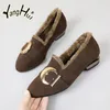 Casual Shoes 2024 Winter Plus Velvet Keep Warm All-match Flat Bottom Women's Fashion Retro Mary Janes Khaki Color Pumps Women