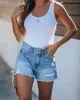 Women Fashion Ripped High Tailled Rolled Denim Shorts Vintage Hole Summer Casual Pocket Short Jeans Ladies Hosen 240407