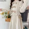 Lässige Kleider Onalippa süße Bögen Rüschenkleid mit Kawaii hohe Taille Langarmes Preppy Style Chic Design A Line Vestidos