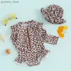 Endelar Girls 2-delad baddräktkläder Runda nackblomma tryck långärmad dragkedja baddräkt + badmössa småbarn baby strand slitage set y240412