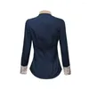 Kvinnors blusar kontor lady skjorta långärmad vänd ned krage midjan täta knappar blus topp tröjor för kvinnor mode mörkblå xxxl