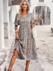 Summer Women V Neck Elegant Printed Short Sleeve High midja A Line Floral Holiday Dress 240412