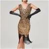 Stage Wear 1920s Vintage Great Gatsby Party Dress Women Y Y-Neck Sleeveless in rilievo con sega di paillettes tango Dance Flapper Midi Drop Driled Dh41e