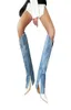 Blå denim jean stövlar för kvinnor knähögbyxor botas slits klippta långa cowboy stövlar mode damer med häl överdimensionerade skor 43 T223443789