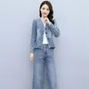 Frauen Denim 2 -Stück -Sets Outfit Frühling Autumn Casual Long Sleeve Jean Jacke Elastische Taille Weitbein Jeans Hosenanzug 4xl 240412