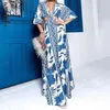 Wefads Women Maxi Dress Summer Temprament Print V Seck Half -рукав Hollow Out Open Thist