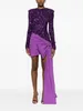 Swobodne sukienki fascynujące ciemne fioletowe cekinowe mini maxi z boczną kokardą O-Neck pełne rękawy błyszczące cekinowe sukienka imprezowa