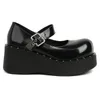 Casual skor pu patent läder stängd tå vanlig svart bred bredd spänne band flickor plattform lägenheter kawaii lolita street punk mary janes