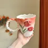 Canecas 450 ml estilo japonês estilo pastoral tulipa de cerâmica colorido de mão caneca de flores de chá de chá de chá doméstico café da manhã