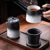 Mokken theekopjes met deksels handgemaakte houten handgreep thee -kopje filter waterbekers Japanse stijl keramische creatieve bubbelcadeaus