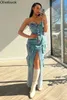 Abiti casual Olivekwk Donne a petto singolo Sfrigo senza spalline Multi Pocket Denim Denim Bodycon Abito Midi 2024 Street Jean Vestido