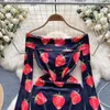 Casual Dresses Vintage Strawberry Print Off Axel Dress for Women in Autumn and Spring Slash Neck Mini Short Long Sleeve Slim Fit