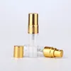 Lagringsflaskor 100 st/parti 3 ml bärbar prov spray flaska transparet glas parfym atomizer med guldmetall pump resebehållare