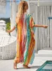 Podstawowe sukienki swobodne boho nadrukowane kaftan swobodny letni odzież 2024 Kobiety w rozmiarze w rozmiarze w rozmiarze V-decing Batwing Slve Beach Wear Maxi Sukienki szata Sarong Q1476 T240412