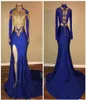 Arabisch High Neck Prom Dresses Gold Appliques Mermaid Vintage Long Sleeves 2018 Sexy High Split Black Girls avondjurken4565059