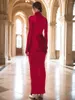 Casual jurken Elegant mode High Neck Maxi lange mouw Maxi voor vrouwen sexy rood vat ruches bodycon gebreide runway avond feestjurk