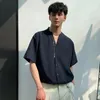 メンズカジュアルシャツサマーメンズシャツ男Vネック半袖ブラウスソリッドカラー2024韓国ストリートウェア服ファッションシックトップス