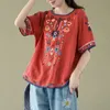 T-shirts en lin en coton Femmes de style ethnique Tshirt décontracté vintage oneck