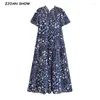 Abiti per feste 2024 Boho Navy con bianco vestito midi con stampa da fiori bianchi Donne elastica spalla rotagosa orlo rotaca